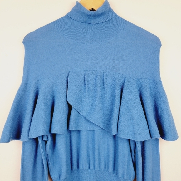 Tracy Reese | Celestial Blue Flounced Turtleneck Long Sleeve Knit Sweater Top - Picture 4 of 8